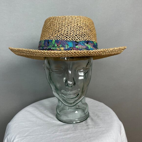 Vintage DPC Dorfman Pacific Co Straw Hat Tropical Trim Parrots Floral Vacation - Picture 2 of 14
